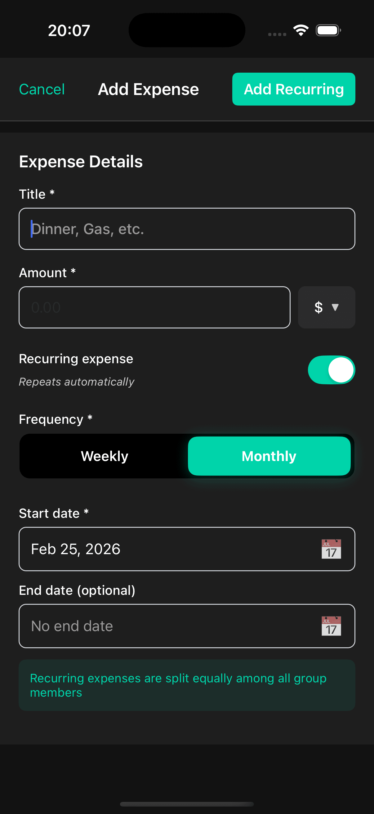 Add recurring expense form with weekly and monthly frequency options