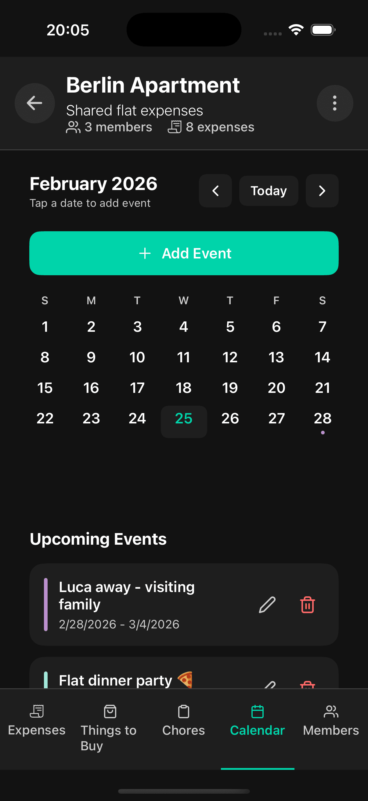 Group calendar showing upcoming events and off-days