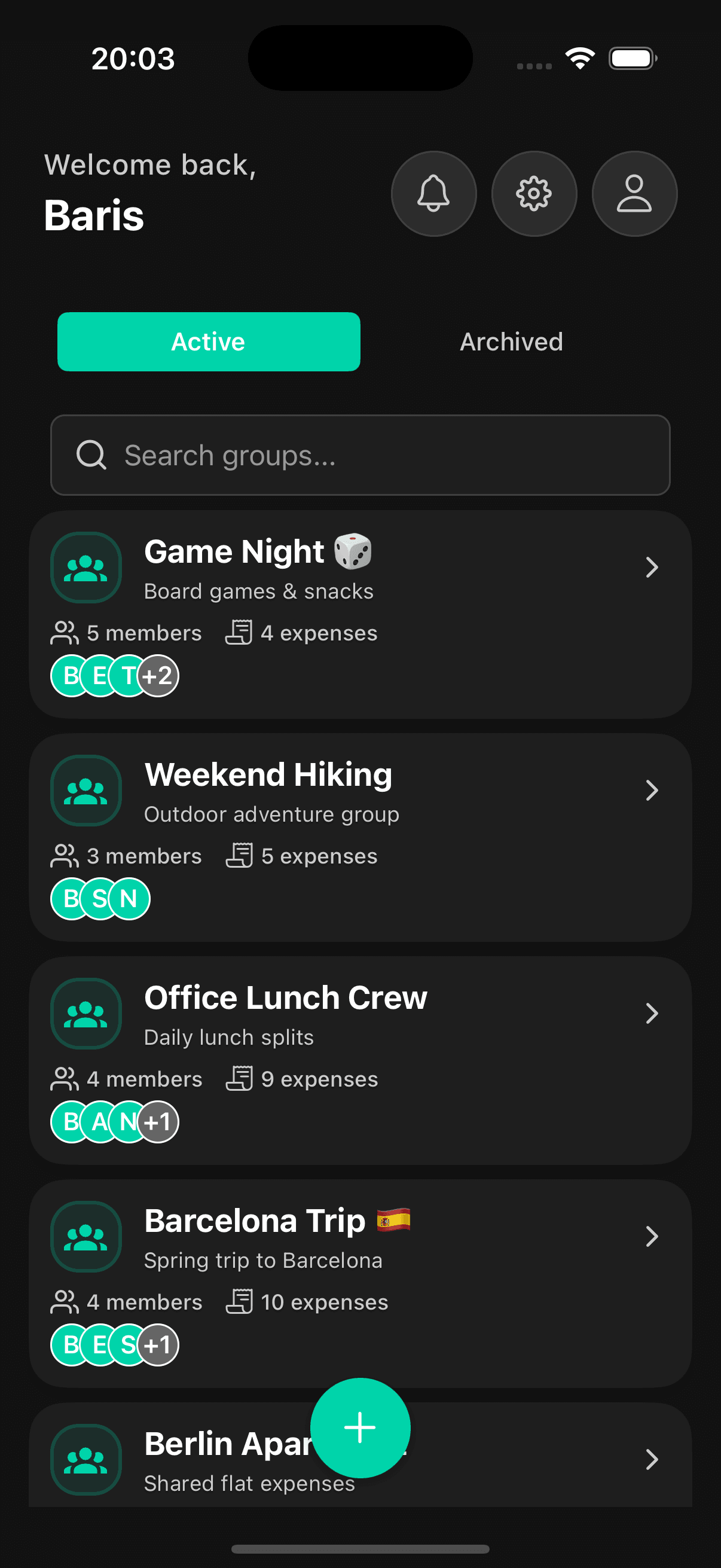 NeatSplit dashboard showing all your groups at a glance