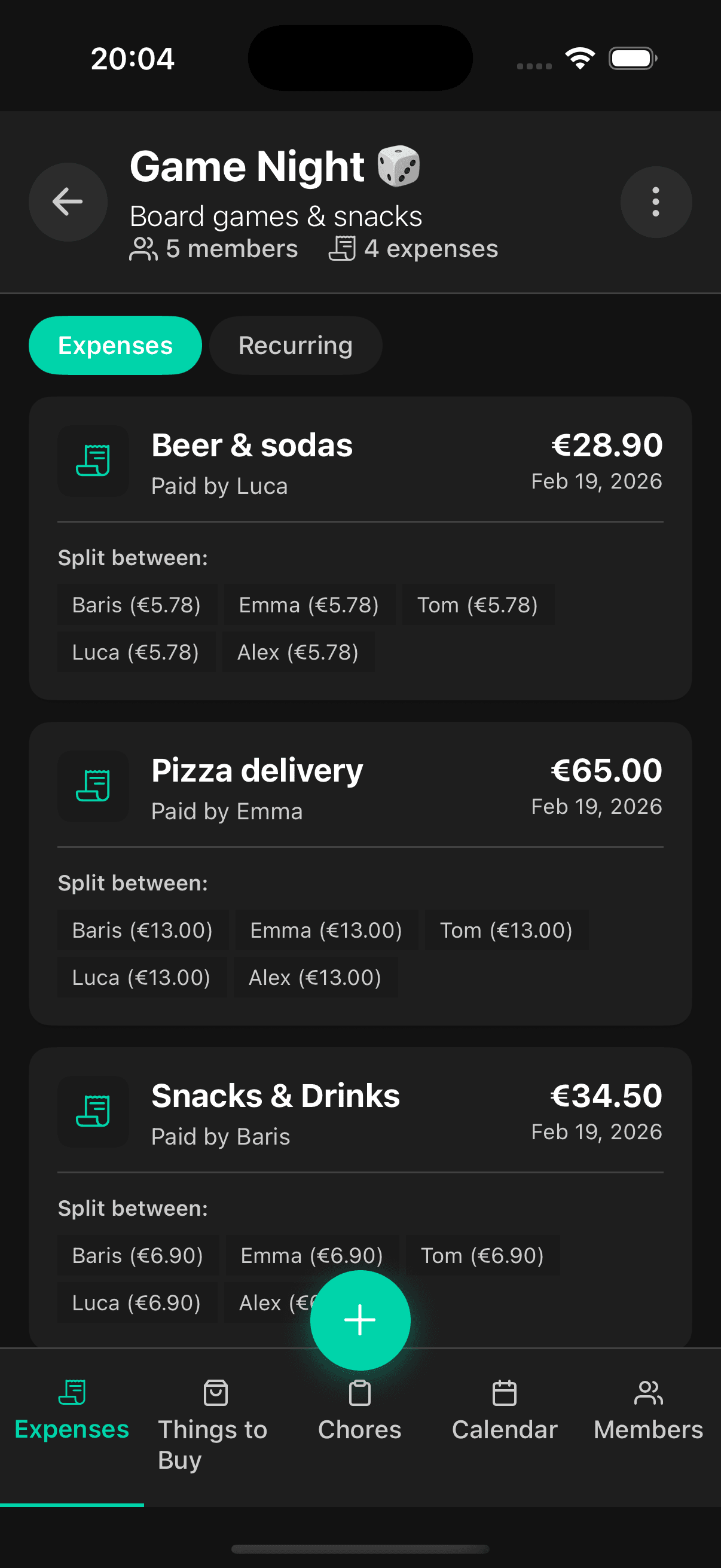 Game Night group showing expenses with split details for each member