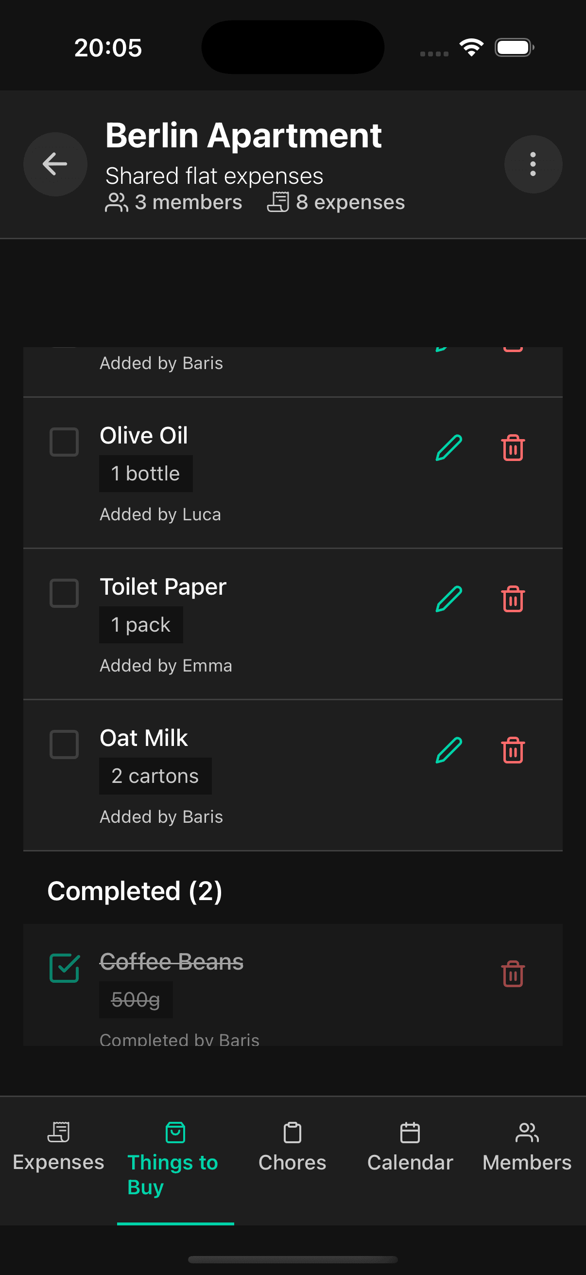 Shared shopping list with items like Olive Oil, Toilet Paper, and Oat Milk